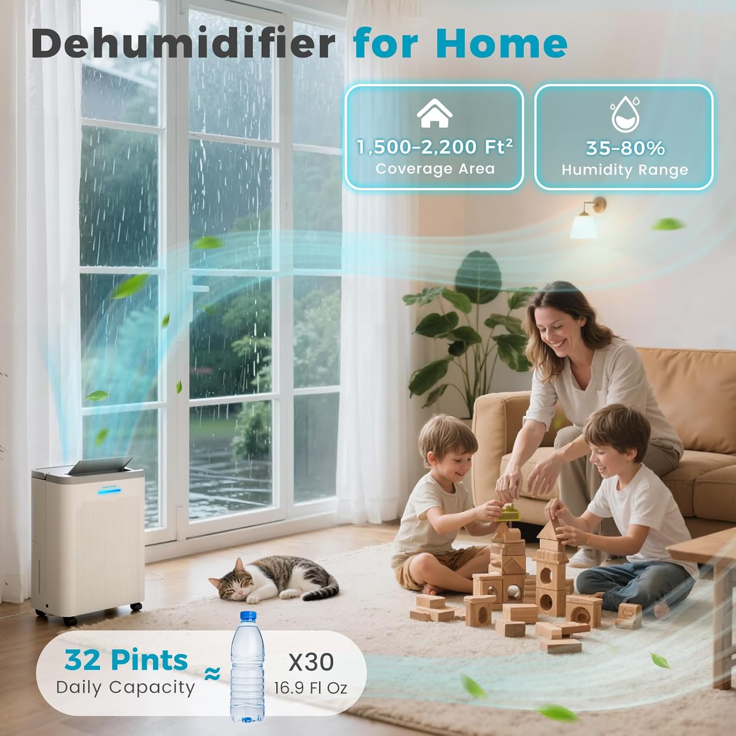 1500 Sq.Ft Dehumidifier,32 Pint Quiet Dehumidifier for Bedroom with HEPA Filter, Dehumidifiers with Drain Hose for Home,Basement,Bathroom,Auto Humidity Control,Continuous Drainage,Child Lock