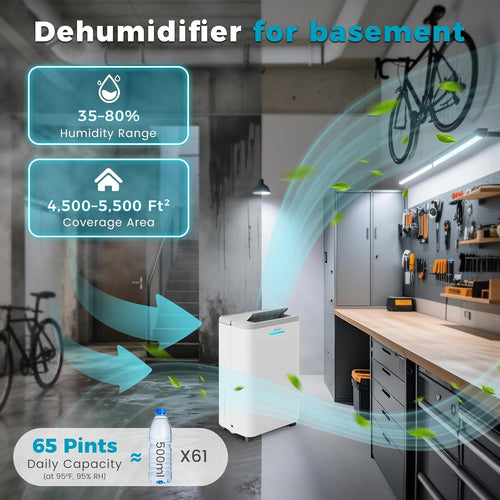 4500 Sq.Ft Dehumidifier, 65 Pint Quiet Smart Dehumidifier for Basement with HEPA Filter, Portable Dehumidifiers with Drain Hose for Bedroom,Bathroom,WiFi Humidity Control,3 Modes,Child Lock